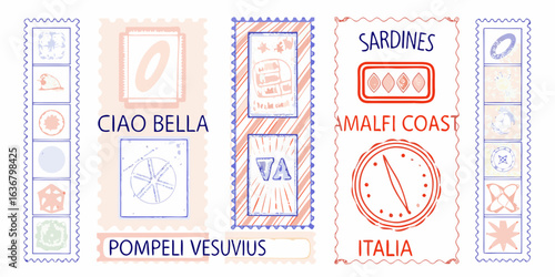 Italian themed stamps featuring landmarks and phrases