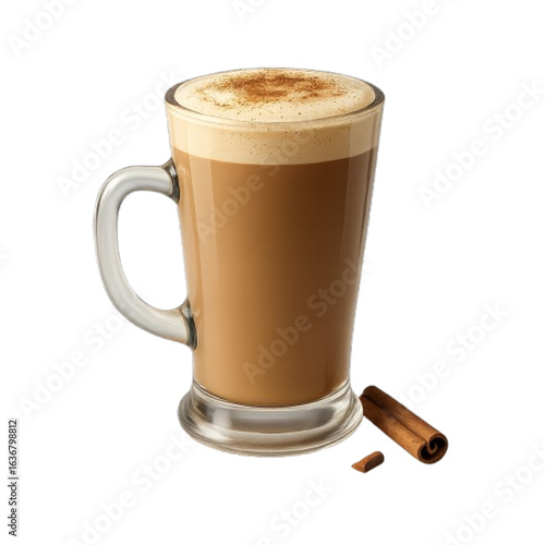 Frothy coffee drink with cinnamon sprinkles and cinnamon sticks isolated on transparent background
