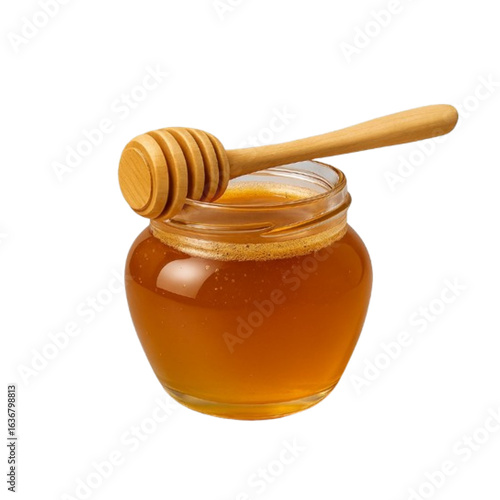 Glass jar of golden honey with wooden dipper isolated on transparent background