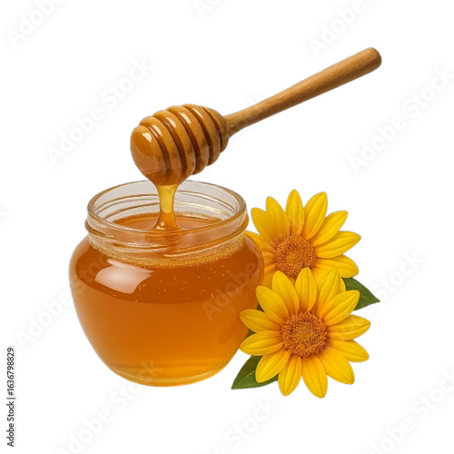 Jar of golden honey with a wooden dipper and sunflowers isolated on transparent background