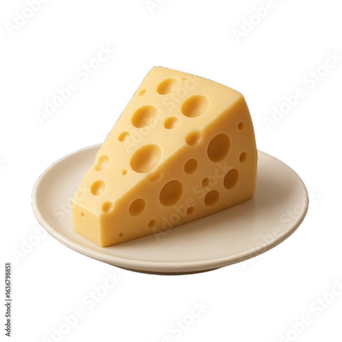 Wedge of swiss cheese with holes on a small white plate isolated on transparent background