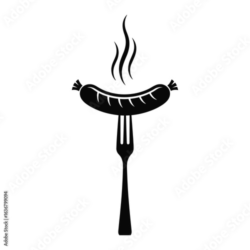 Hot sausage on fork silhouette with steam