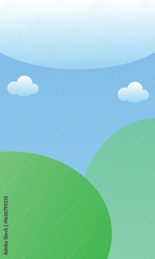 Fototapeta premium A colorful abstract background with green rolling hills and a light blue sky with cartoon-like clouds. The design has a smooth, layered, and gradient effect.