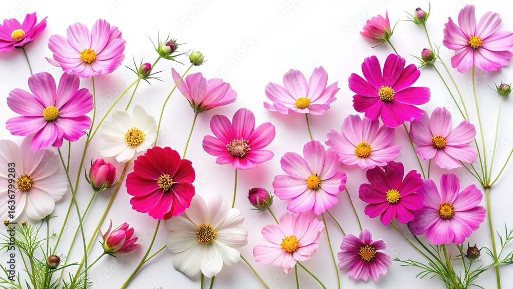 Fototapeta premium Elegant Cosmos Flowers in Pink, White, and Red on a White Background