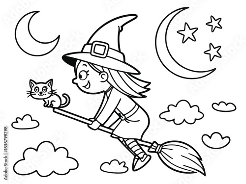 Cute ghost wearing witch hat holding candy outline doodle cartoon illustration. Halloween, trick or treat coloring book page activity for kids and adults