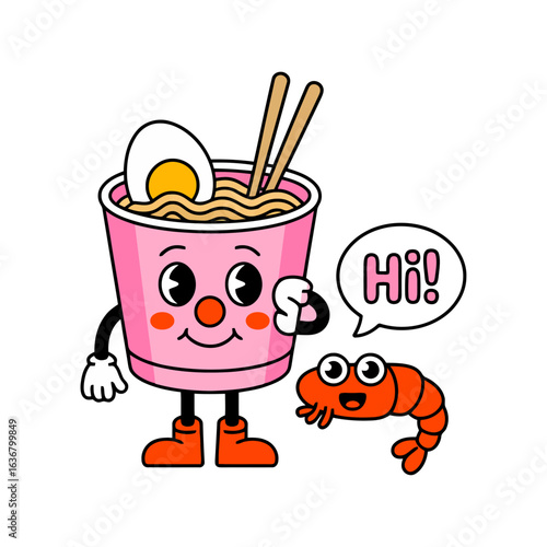 Cute cartoon ramen cup character with shrimp saying hi isolated on transparent background