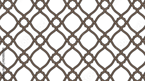 Decorative pattern featuring interlaced ornamental elements arranged in a repeating trellis like structure across a white backdrop.