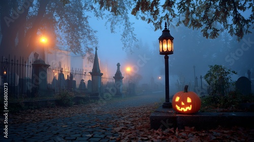 Foggy dusk graveyard with glowing pumpkin lantern surrounded by tombstones and autumn leaves creating an eerie atmosphere Generative AI
