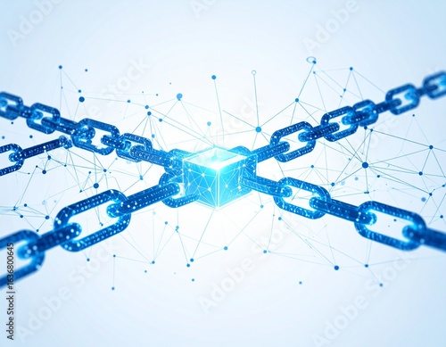 Digital representation of a blockchain network with a central glowing block and interconnected chains on a light background.