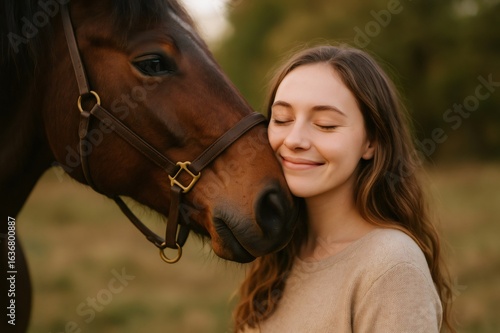 Horse showing affection by nuzzling a smiling woman in a field, creating a heartwarming scene of connection between human and animal
