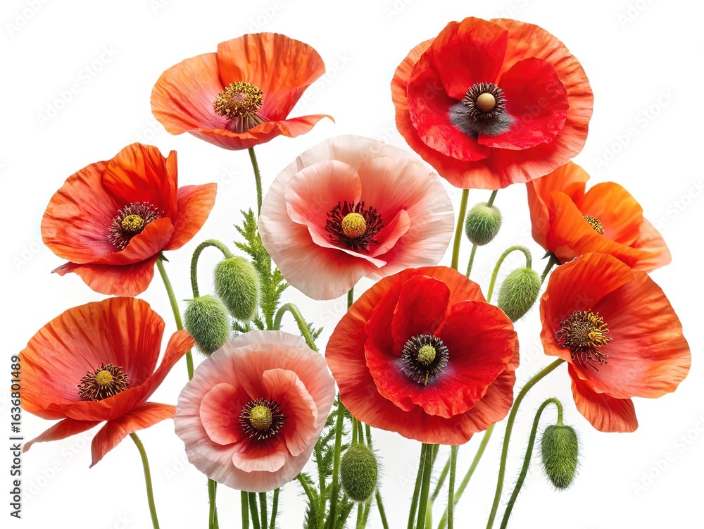 Obraz premium A Vibrant Collection of Red and Peach Poppies Against a White Background