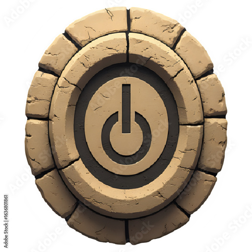 A beige, stone-like circular emblem, featuring a dark power button symbol.