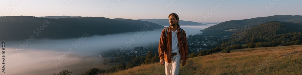 Naklejka premium Caucasian young adult male enjoying scenic mountain view at sunrise