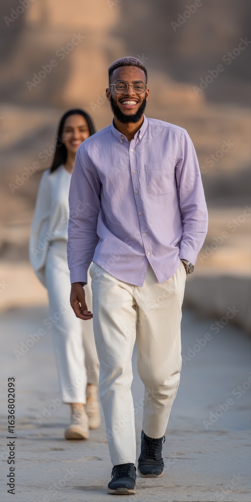 Obraz premium Smiling young african couple walking outdoors in casual attire