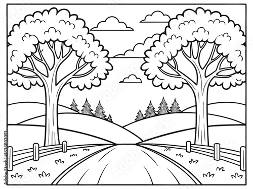 Coloring book landscape. Hand-drawn vector illustration with separate layers