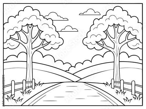 Coloring book landscape. Hand-drawn vector illustration with separate layers
