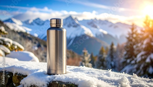 Metal Water Bottle in Winter Mountain Scene with Snow and Sunlight