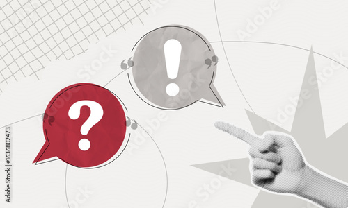 Halftone collage with speech bubbles containing question and exclamation marks, symbolizing FAQ, problem solving, help, support, communication, feedback, and information exchange