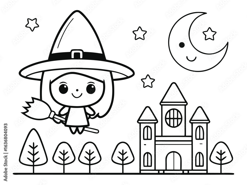 Fototapeta premium Cartoon illustration of a witch with a broom for coloring book, coloring page, kids
