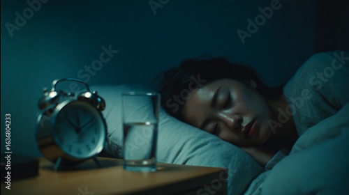 Sleeping woman with clock and water glass on bedside table at night