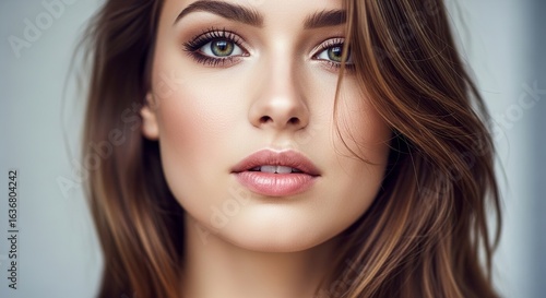 Wallpaper Mural Close-up portrait of a beautiful young woman with flawless skin and professional makeup. Her enchanting eyes and perfect hair embody modern elegance and sophisticated glamour. Torontodigital.ca