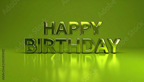 Happy Birthday Text in Green and Yellow Tones with Reflections on Green Background