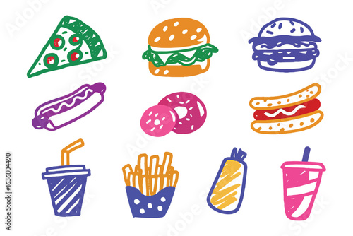 Doodle Food Delights: Vibrant, hand-drawn illustrations of classic, mouthwatering fast food favorites, each bursting with playful energy and irresistible charm.