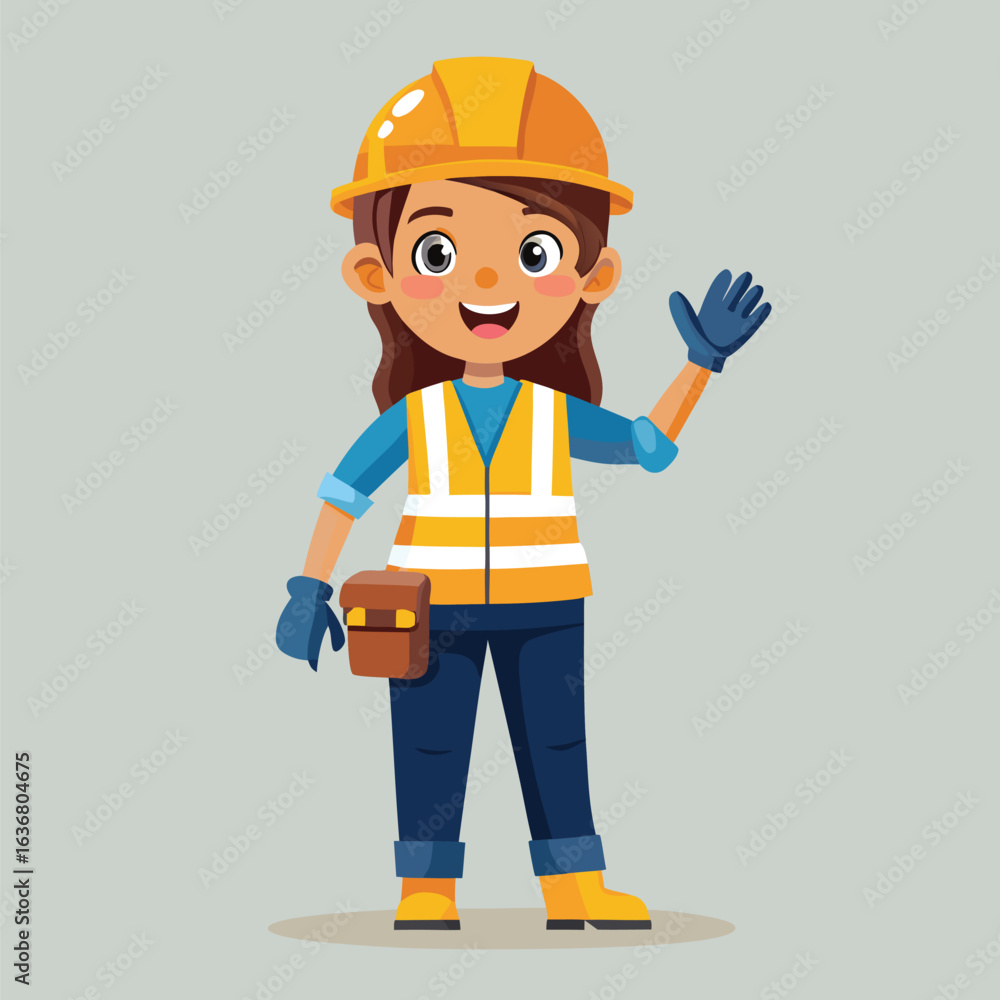 Friendly Female Construction Worker Cartoon Character Welcoming with a Wave Confidently Wearing a Safety Helmet and Gear Ready for Work Friendly Female Construction Worker Cartoon Character Welcoming with a Wave Confidently Wearing a Safety Helmet and Gear Ready for Work