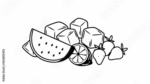 Refreshing summer fruits with ice cubes, perfect for health drinks and vibrant recipes