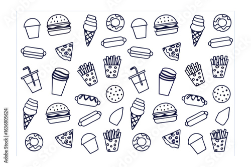 Fast Food Pattern: A playful, graphic arrangement of popular fast food items, artfully illustrating the delectable world of quick meals.