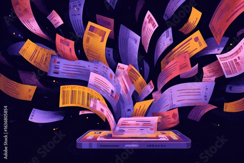 Overflowing digital wallet displays numerous colorful coupons against a dark background Generative AI