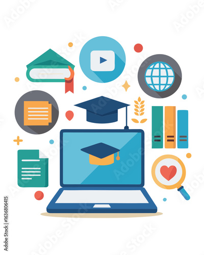 Modern Online Education Concept with Laptop and Digital Icons – Flat Vector Design