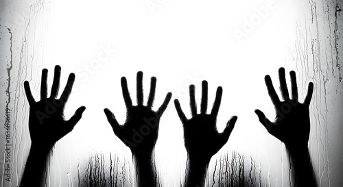 Silhouetted hands reaching out from behind a frosted glass surface creating a sense of mystery and desperation