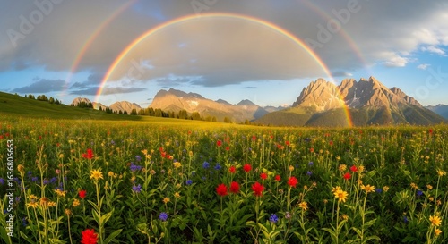 A Luminous Double Rainbow Frames Sun-Kissed Peaks and a Field of Wildflowers.