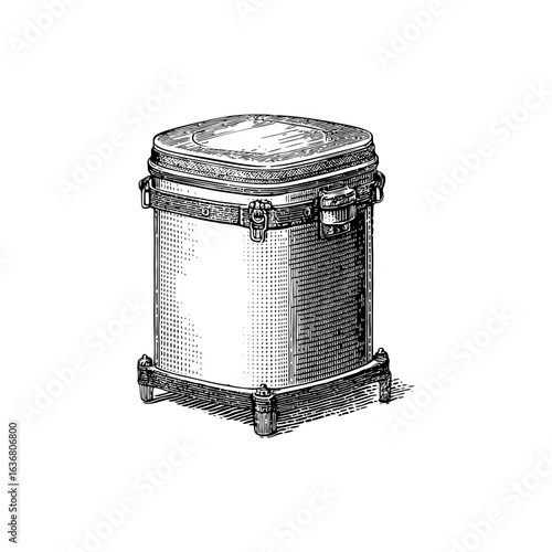Engraving style illustration of a cooling transport container for donor organs in black and white on transparent background – Medical vector for transplant logistics, health awareness campaigns