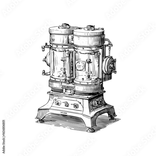 Engraving style illustration of a laboratory cell culture incubator in black and white on transparent background – Scientific vector for biotech manuals, lab equipment diagrams, and educational poster
