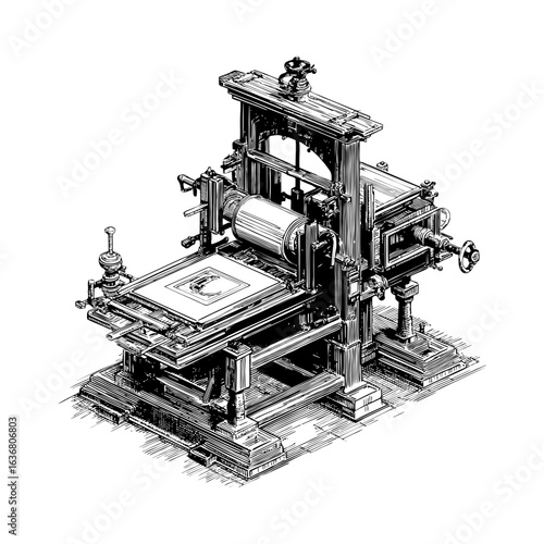 Engraving style illustration of a Gutenberg printing press in black and white on transparent background – Historical vector for publishing history, educational prints, and museum exhibitions