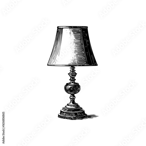 Engraving style illustration of vintage table lamp with shade in black and white on transparent background for home decor catalogs, lighting design brochures, and antique shop branding