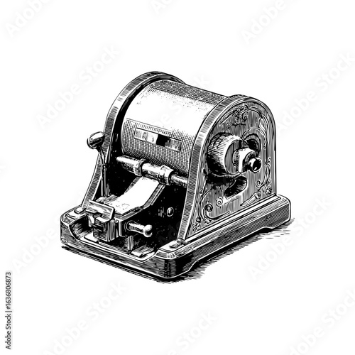 Engraving style illustration of vintage tape dispenser in black and white on transparent background for office supply catalogs, packaging design templates, and stationery branding