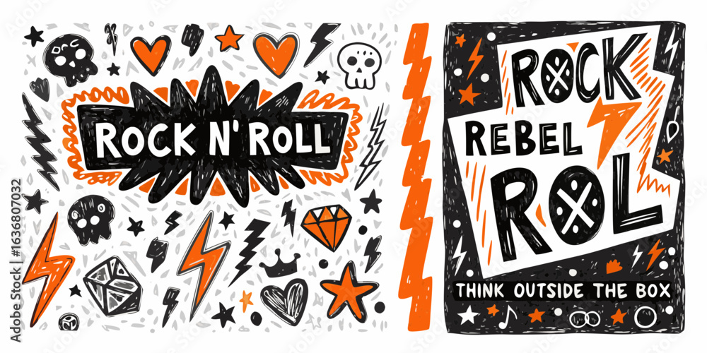 Obraz premium Rock n roll rebel art with skulls hearts and lightning bolts