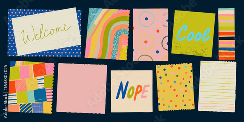 Colorful collage of abstract patterns and handwritten words