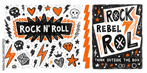 Rock n roll rebel art with skulls hearts and lightning bolts