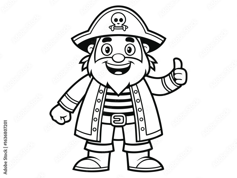 Fototapeta premium A pirate captain cartoon character in black and white outline, like a colouring book page