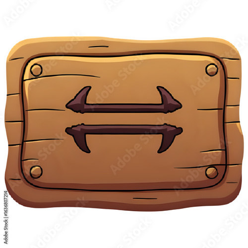 Wooden sign with two parallel, stylized symbols.