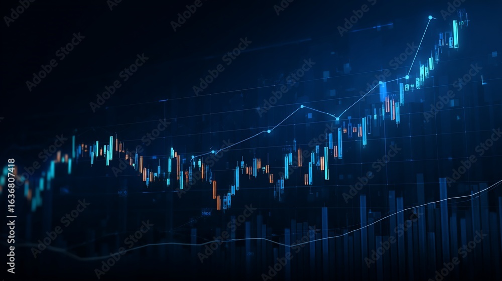 Naklejka premium Stock market activity trending upwards on a digital interface, data visualization