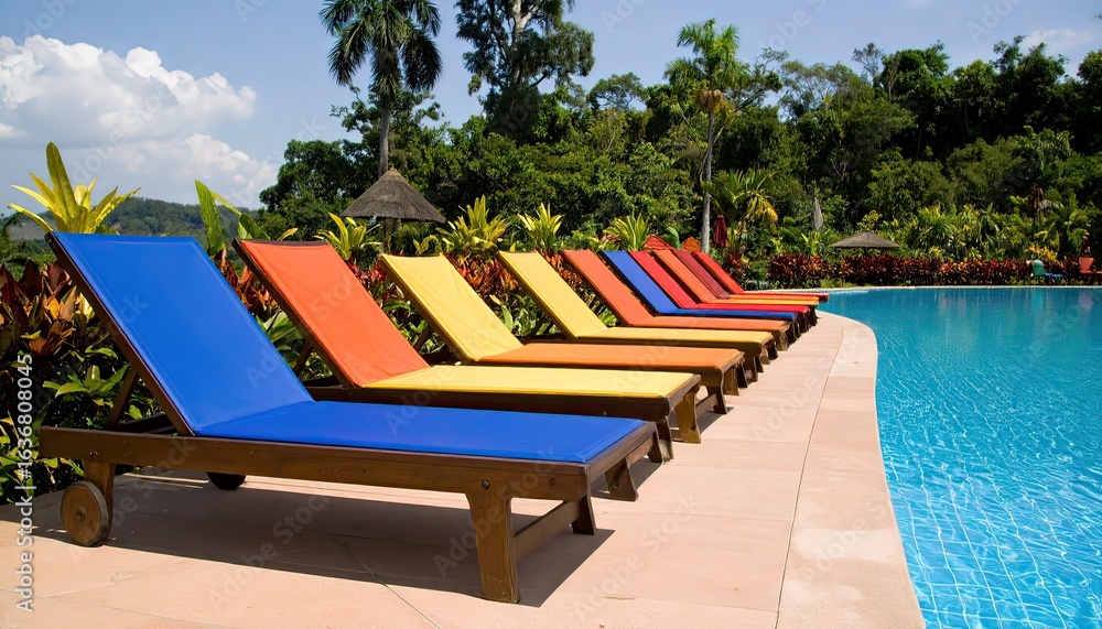 Obraz premium Colorful Loungers Near Swimming Pool in Tropical Setting
