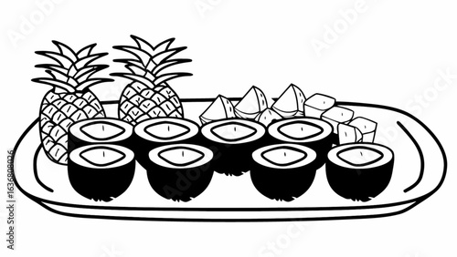Fresh tropical fruit platter with pineapples, coconuts, and melon slices, perfect for healthy eating.