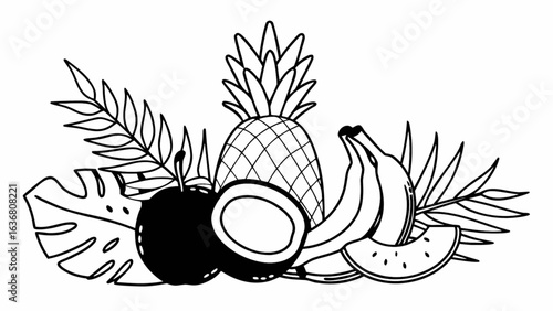 Tropical fruit arrangement with pineapple, coconut, bananas, and watermelon slices for design use