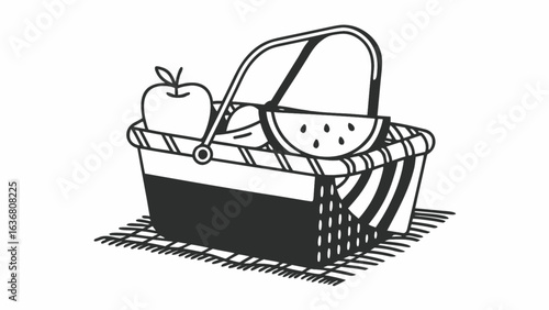 Picnic basket filled with fresh watermelon and apple ready for a summer day outdoors