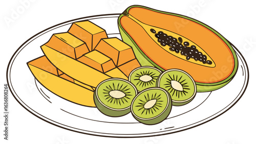 Fresh tropical fruit platter with mango, papaya, and kiwi slices, perfect for healthy eating